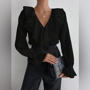 Express Black Ruffled Bodysuit Large